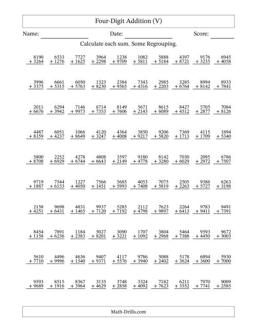 The Four-Digit Addition With Some Regrouping – 100 Questions (V) Math Worksheet