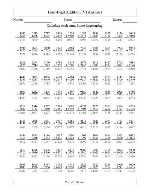 The Four-Digit Addition With Some Regrouping – 100 Questions (V) Math Worksheet Page 2