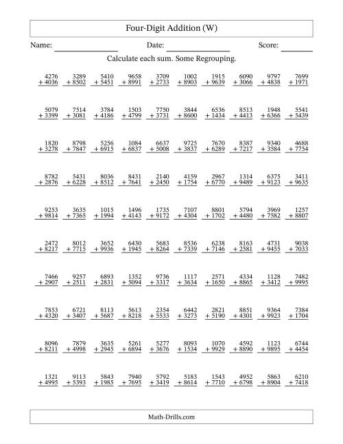 The Four-Digit Addition With Some Regrouping – 100 Questions (W) Math Worksheet