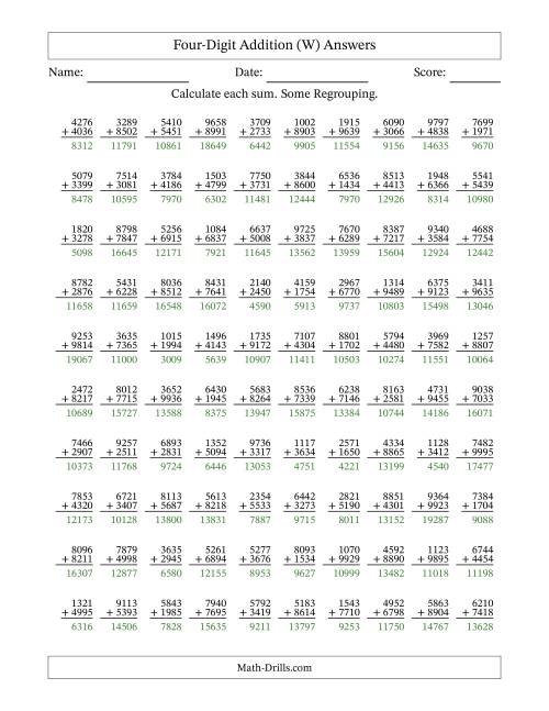 The Four-Digit Addition With Some Regrouping – 100 Questions (W) Math Worksheet Page 2