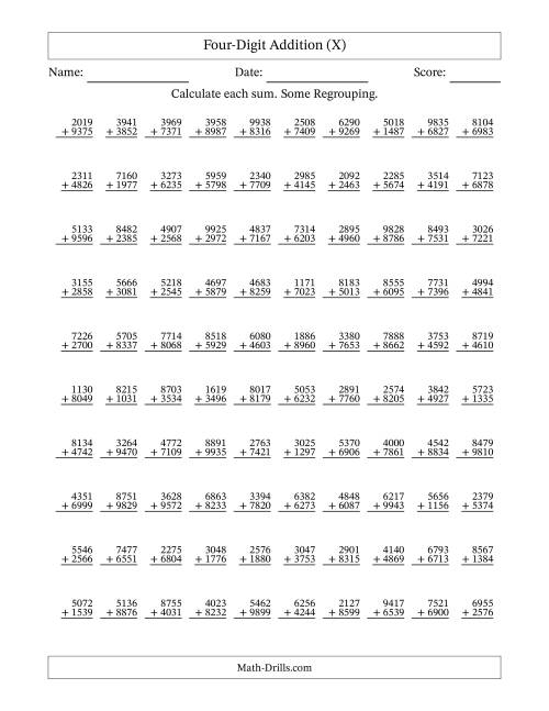 The Four-Digit Addition With Some Regrouping – 100 Questions (X) Math Worksheet