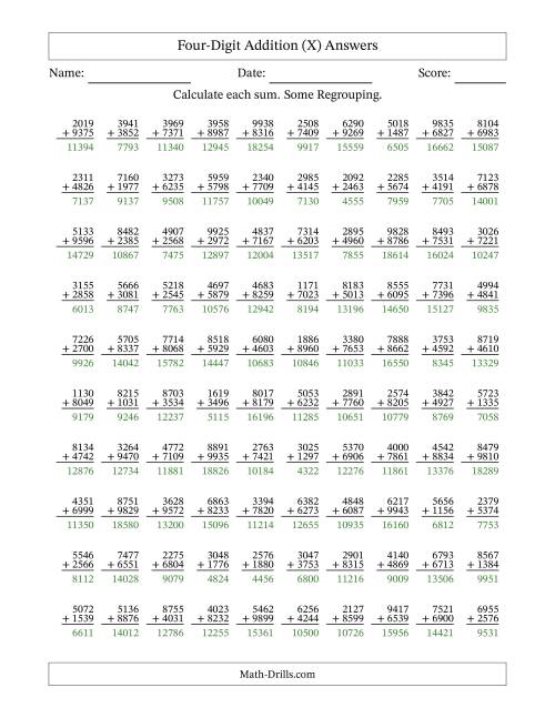 The Four-Digit Addition With Some Regrouping – 100 Questions (X) Math Worksheet Page 2