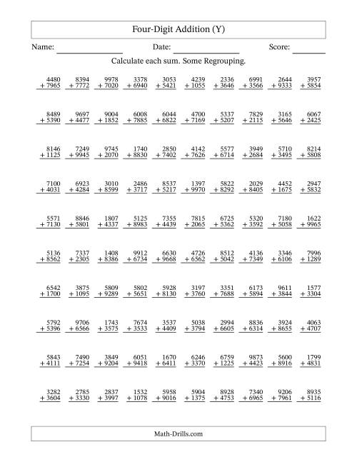 The Four-Digit Addition With Some Regrouping – 100 Questions (Y) Math Worksheet