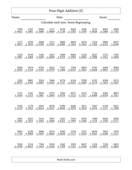 The Four-Digit Addition With Some Regrouping – 100 Questions (Z) Math Worksheet
