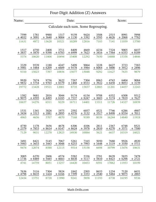 The Four-Digit Addition With Some Regrouping – 100 Questions (Z) Math Worksheet Page 2