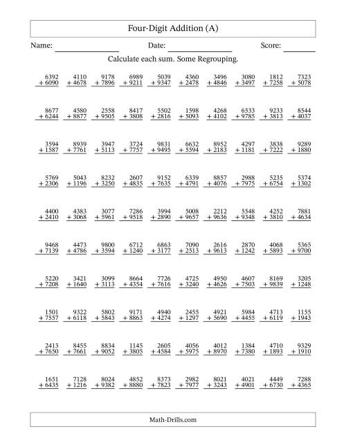 The Four-Digit Addition With Some Regrouping – 100 Questions (All) Math Worksheet