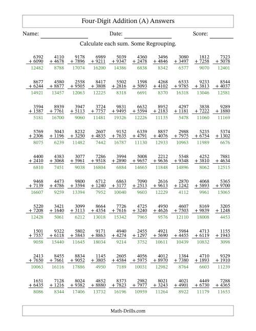 The Four-Digit Addition With Some Regrouping – 100 Questions (All) Math Worksheet Page 2