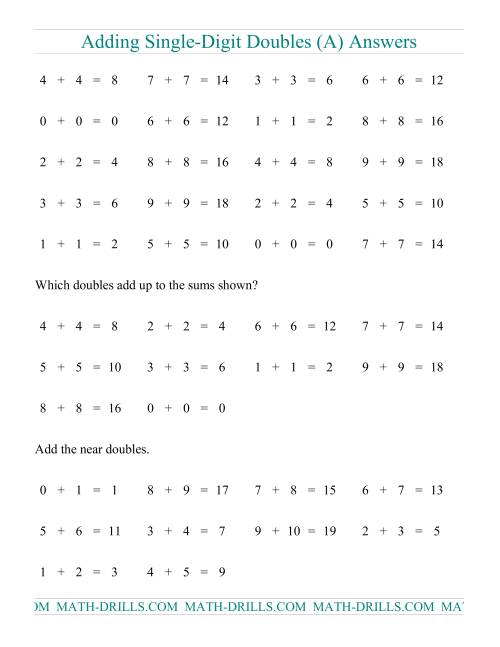 The Adding Doubles -- Single-Digit Only (A) Math Worksheet Page 2