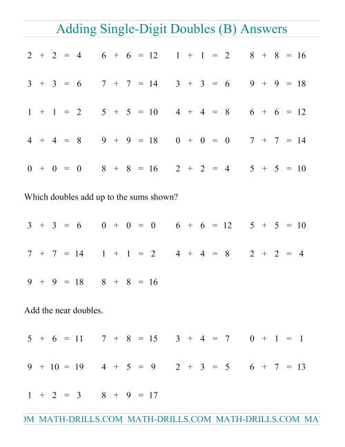 The Adding Doubles -- Single-Digit Only (B) Math Worksheet Page 2