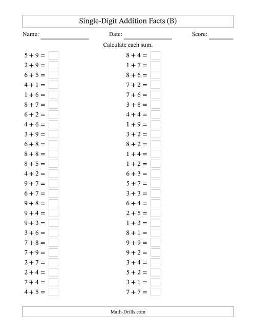 Single Digit Addition -- 50 Horizontal Questions -- Some Regrouping (B)