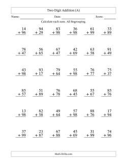Two-Digit Addition With All Regrouping – 36 Questions