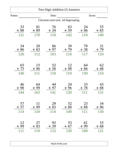 Two-Digit Addition -- Vertical -- All Regrouping (J)