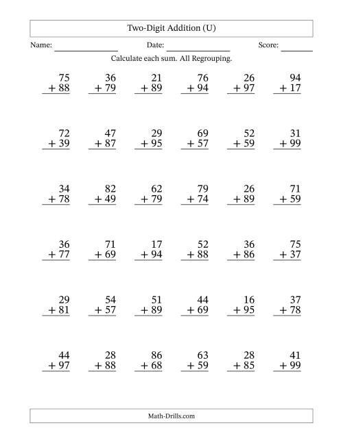 The Two-Digit Addition With All Regrouping – 36 Questions (U) Math Worksheet