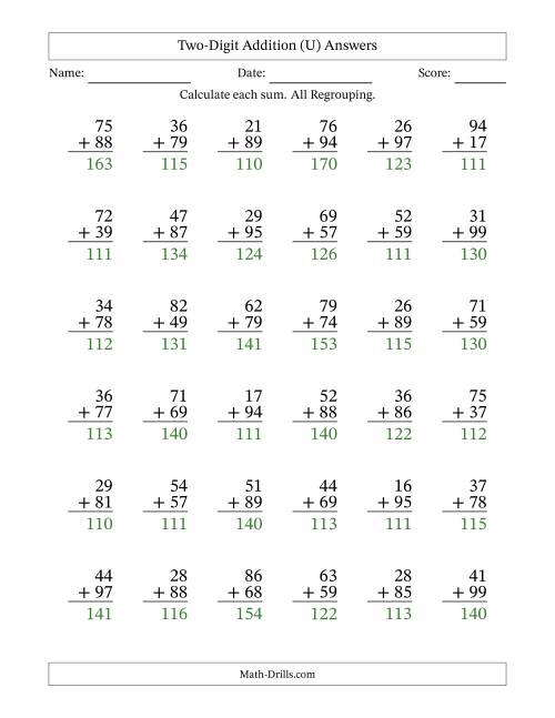 The Two-Digit Addition With All Regrouping – 36 Questions (U) Math Worksheet Page 2