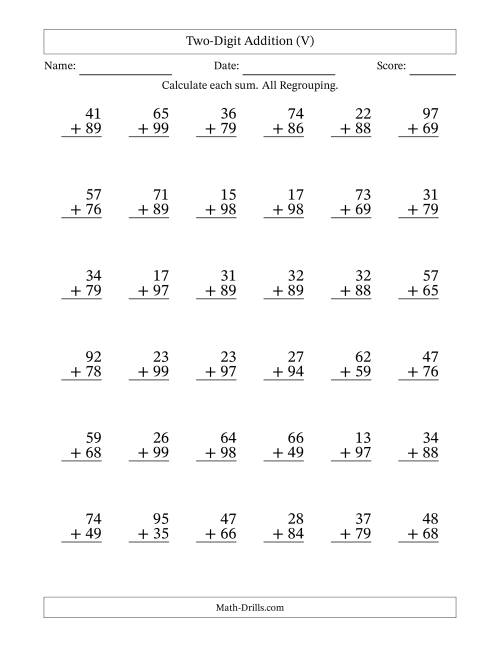 The Two-Digit Addition With All Regrouping – 36 Questions (V) Math Worksheet