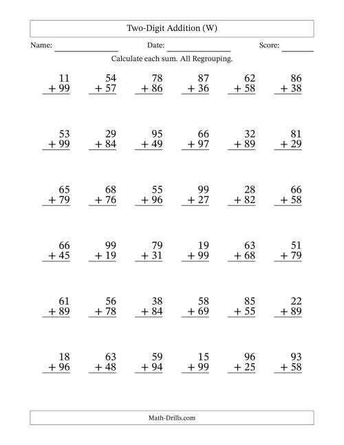 The Two-Digit Addition With All Regrouping – 36 Questions (W) Math Worksheet