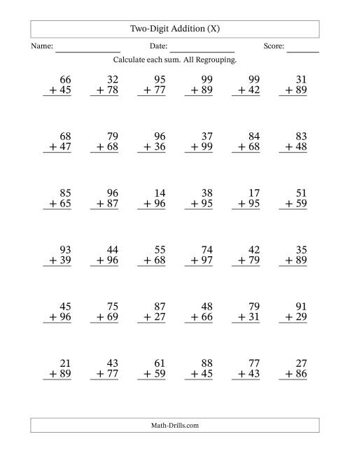 The Two-Digit Addition With All Regrouping – 36 Questions (X) Math Worksheet