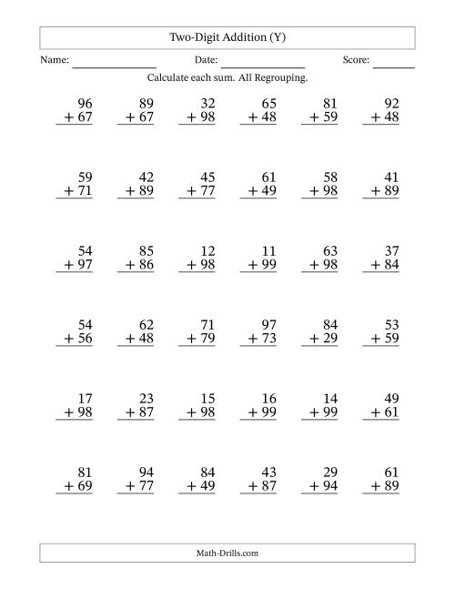 The Two-Digit Addition With All Regrouping – 36 Questions (Y) Math Worksheet