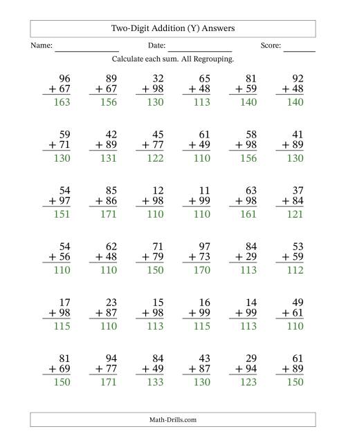 The Two-Digit Addition With All Regrouping – 36 Questions (Y) Math Worksheet Page 2