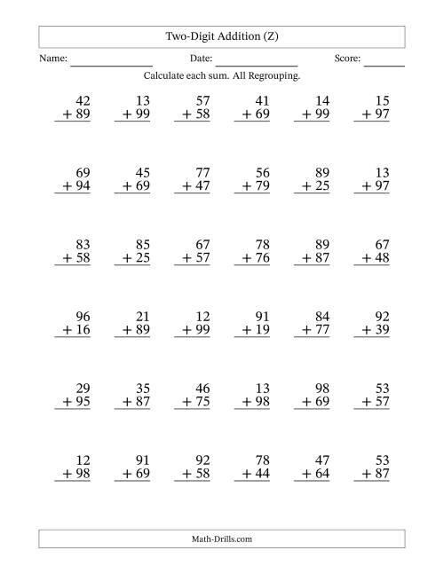 The Two-Digit Addition With All Regrouping – 36 Questions (Z) Math Worksheet