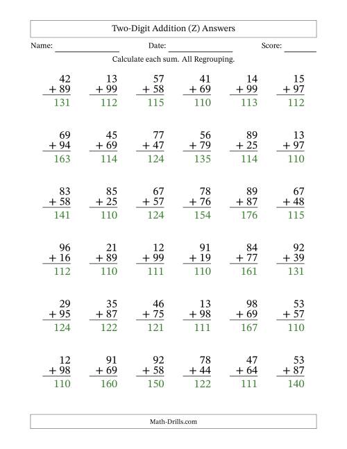 The Two-Digit Addition With All Regrouping – 36 Questions (Z) Math Worksheet Page 2