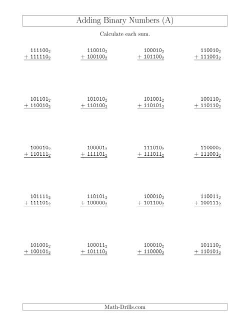 The Adding Binary Numbers (Base 2) (All) Math Worksheet
