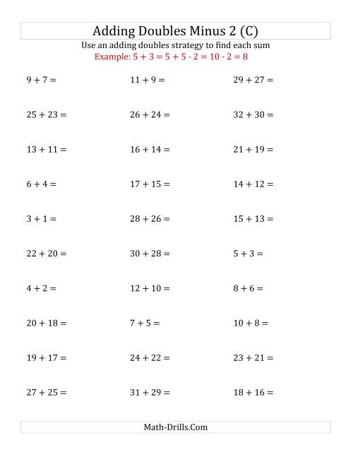 The Adding Doubles Minus 2 (Large Numbers) (C) Math Worksheet