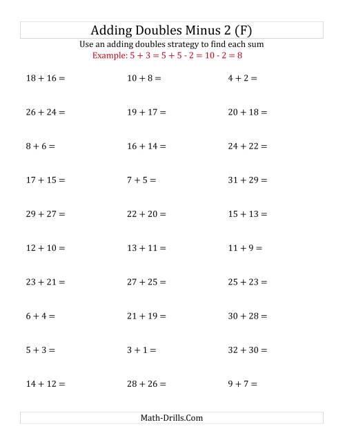 The Adding Doubles Minus 2 (Large Numbers) (F) Math Worksheet
