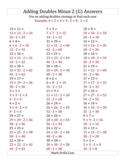 The Adding Doubles Minus 2 (Large Numbers) (G) Math Worksheet Page 2