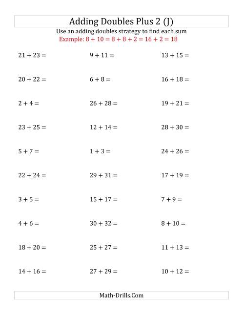 The Adding Doubles Plus 2 (Large Numbers) (J) Math Worksheet