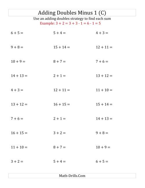 The Adding Doubles Minus 1 (Medium Numbers) (C) Math Worksheet