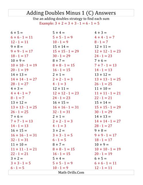 The Adding Doubles Minus 1 (Medium Numbers) (C) Math Worksheet Page 2