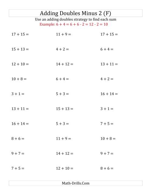The Adding Doubles Minus 2 (Medium Numbers) (F) Math Worksheet