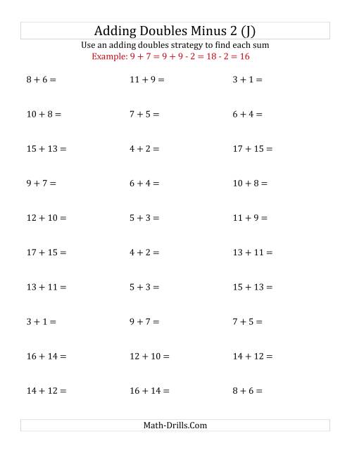 The Adding Doubles Minus 2 (Medium Numbers) (J) Math Worksheet