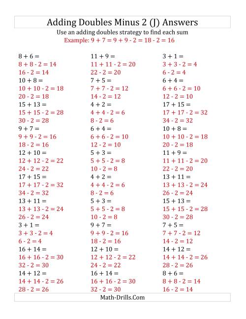 The Adding Doubles Minus 2 (Medium Numbers) (J) Math Worksheet Page 2