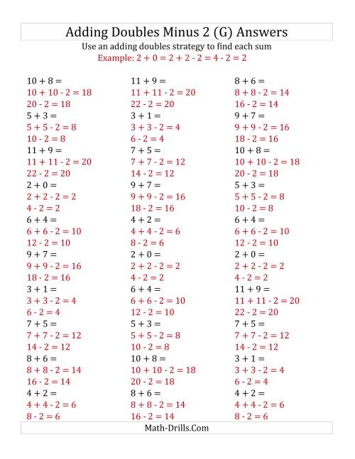 The Adding Doubles Minus 2 (Small Numbers) (G) Math Worksheet Page 2
