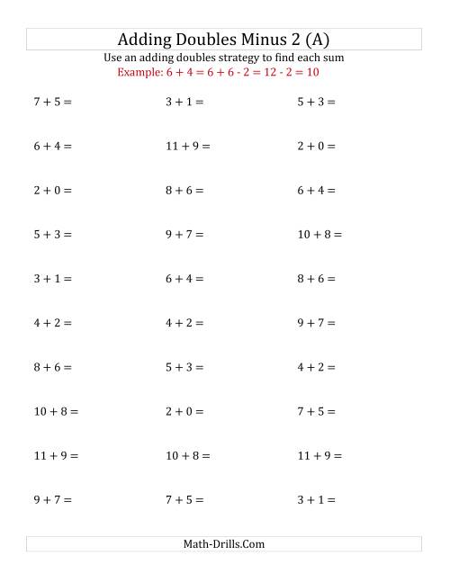 The Adding Doubles Minus 2 (Small Numbers) (All) Math Worksheet