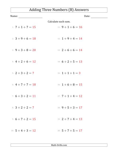 The Adding Three Numbers Horizontally (Range 1 to 9) (B) Math Worksheet Page 2