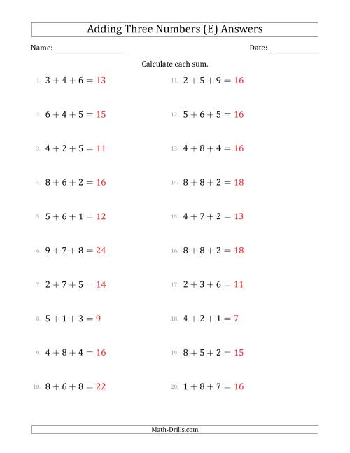 The Adding Three Numbers Horizontally (Range 1 to 9) (E) Math Worksheet Page 2