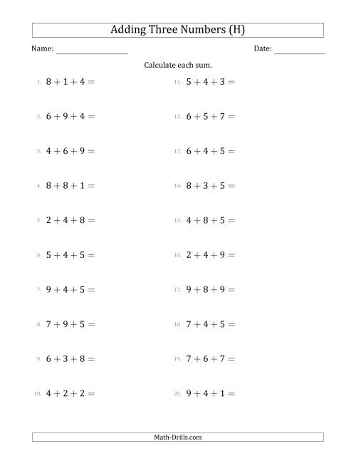 The Adding Three Numbers Horizontally (Range 1 to 9) (H) Math Worksheet