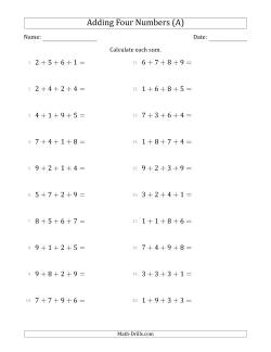 Adding Four Numbers Horizontally (Range 1 to 9)
