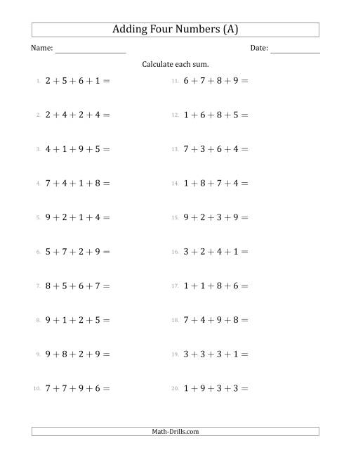 The Adding Four Numbers Horizontally (Range 1 to 9) (A) Math Worksheet