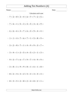 Adding Ten Numbers Horizontally (Range 1 to 9)