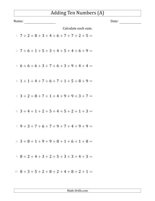 The Adding Ten Numbers Horizontally (Range 1 to 9) (A) Math Worksheet
