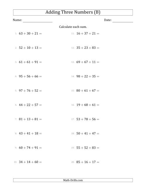 The Adding Three Numbers Horizontally (Range 10 to 99) (B) Math Worksheet