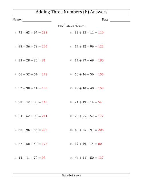 The Adding Three Numbers Horizontally (Range 10 to 99) (F) Math Worksheet Page 2