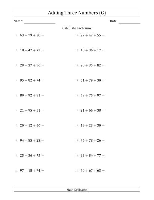 The Adding Three Numbers Horizontally (Range 10 to 99) (G) Math Worksheet