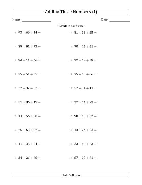 The Adding Three Numbers Horizontally (Range 10 to 99) (I) Math Worksheet