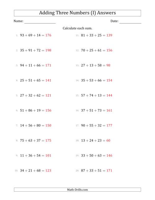 The Adding Three Numbers Horizontally (Range 10 to 99) (I) Math Worksheet Page 2