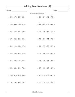 Adding Four Numbers Horizontally (Range 10 to 99)